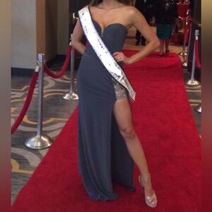 La Femme Gray Grey Jersey Plunge Strapless Slit Mesh Bling Crystals Gown XS 2